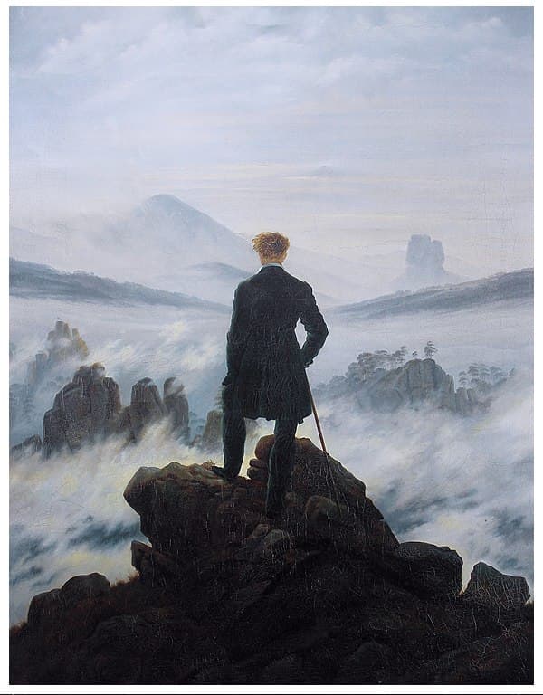 Wanderer Above the Sea of Fog by Caspar David Friedrich, man on precipice above thick blankets of Fog
