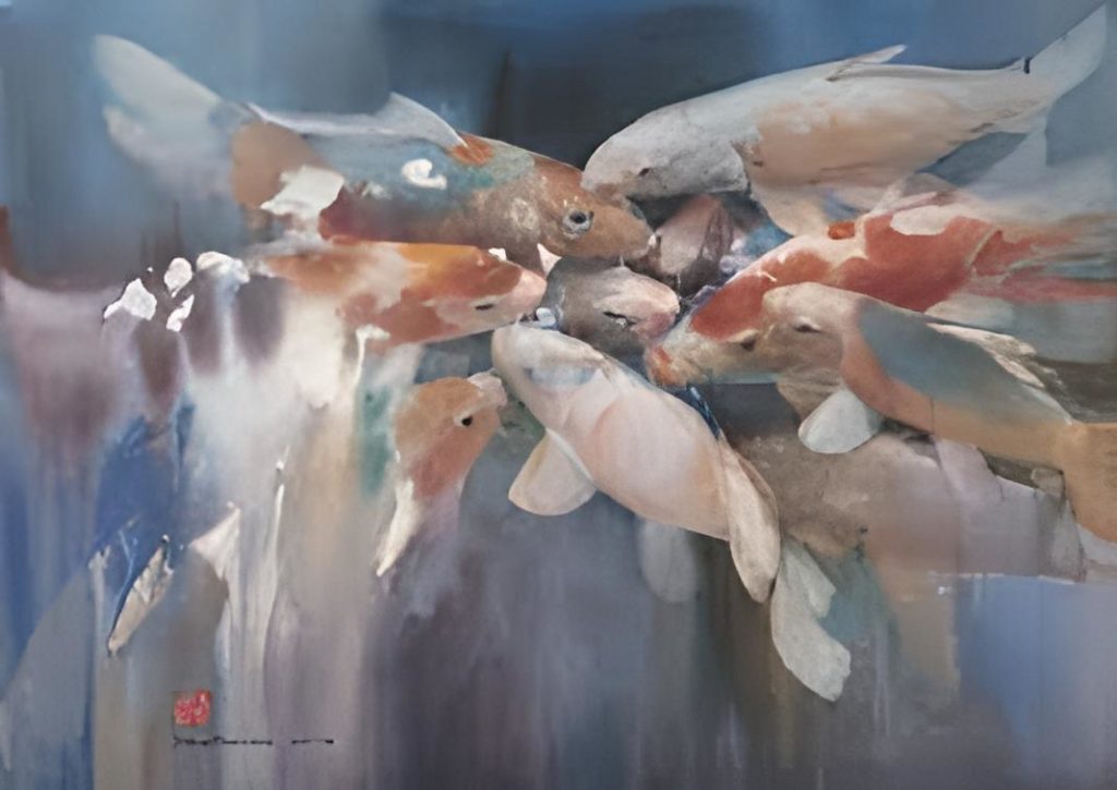 famous watercolor painting of koi fish by Chee