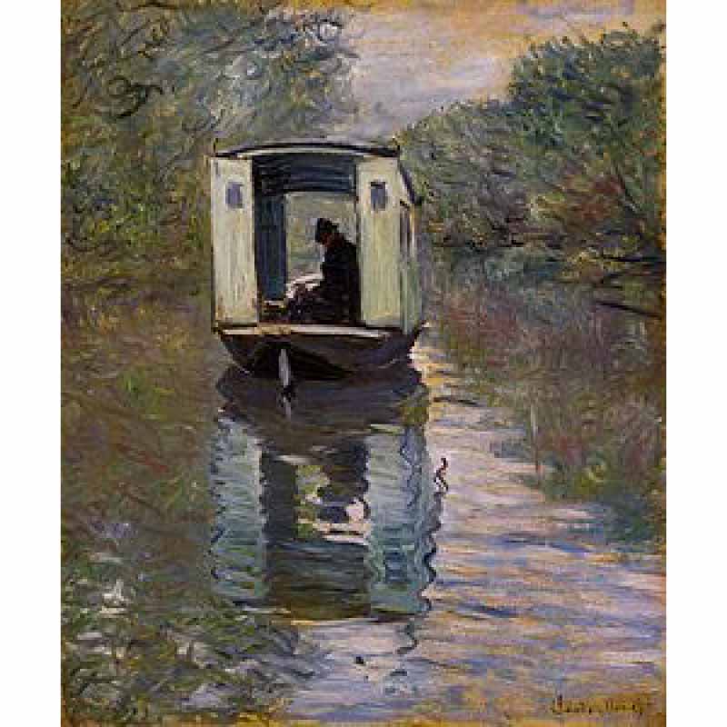 Claude Monet painting of sunset and boat along a river 