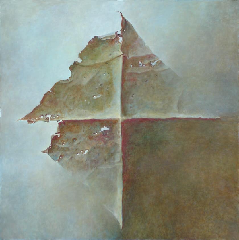 Oil painting of a sheet of paper decomposing by Beksinski