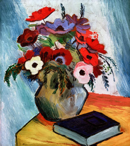Flower vase and book painting by August Macke