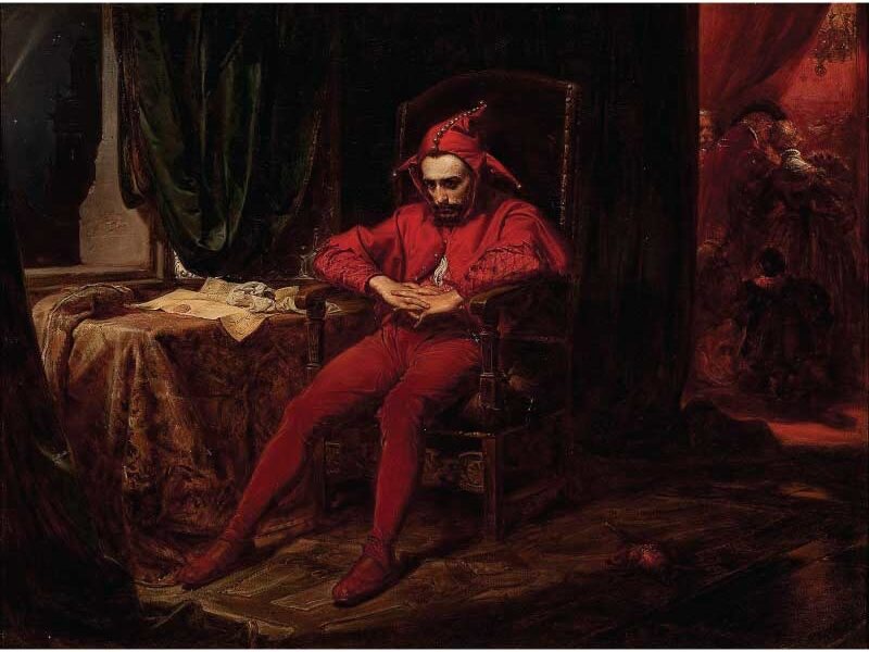 Stancyk painting by Matejko. Sad clown slumped in a chair.