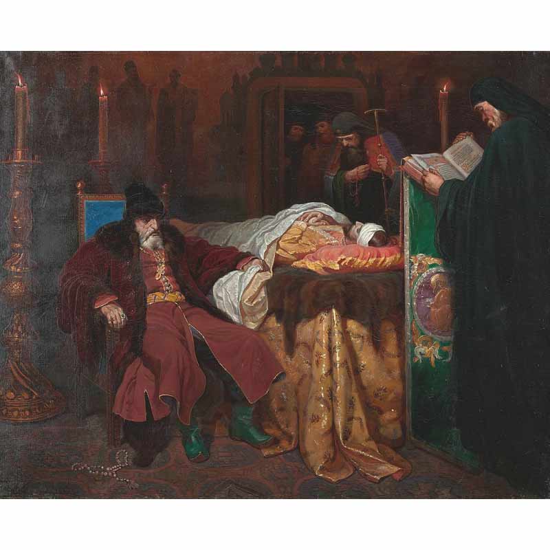 Ivan the Terrible meditating at the deathbed of his son by Vyacheslav Schwarz (1861)